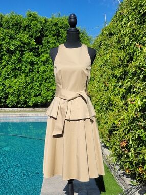 ANTONIO MELANI Khaki Sleeveless Peplum Midi Dress with Waist Tie Sz 2